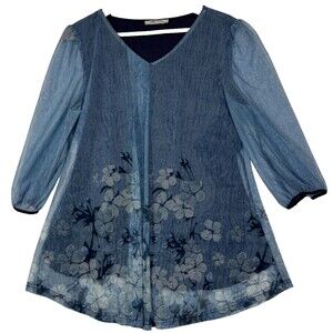 Sese Code Womens Tunic Top Blue Floral 3/4 Sleeve Boho Romantic Feminine Sz L